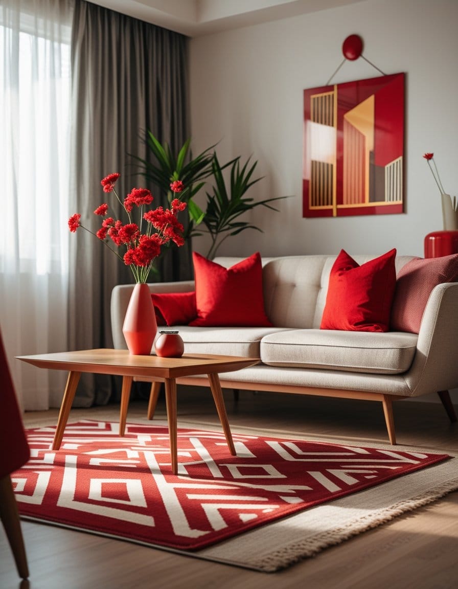 Modern living room with a beige sofa, red pillows, geometric red rug, wooden coffee table, red vase with flowers, potted plant, and abstract wall art. Sunlight filters through curtains.