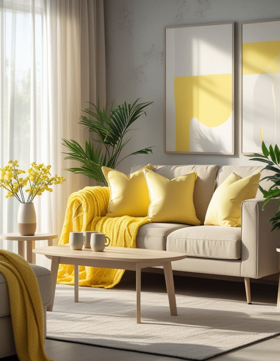 A modern living room with a beige sofa, yellow pillows and throw, wooden coffee table with mugs, potted plants, and abstract yellow artwork on the wall.