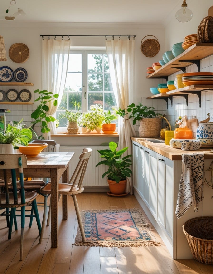 A bright kitchen with wooden floors, a patterned rug, open shelves holding colorful dishes, potted plants, and sunlight streaming in through a window with white curtains.
