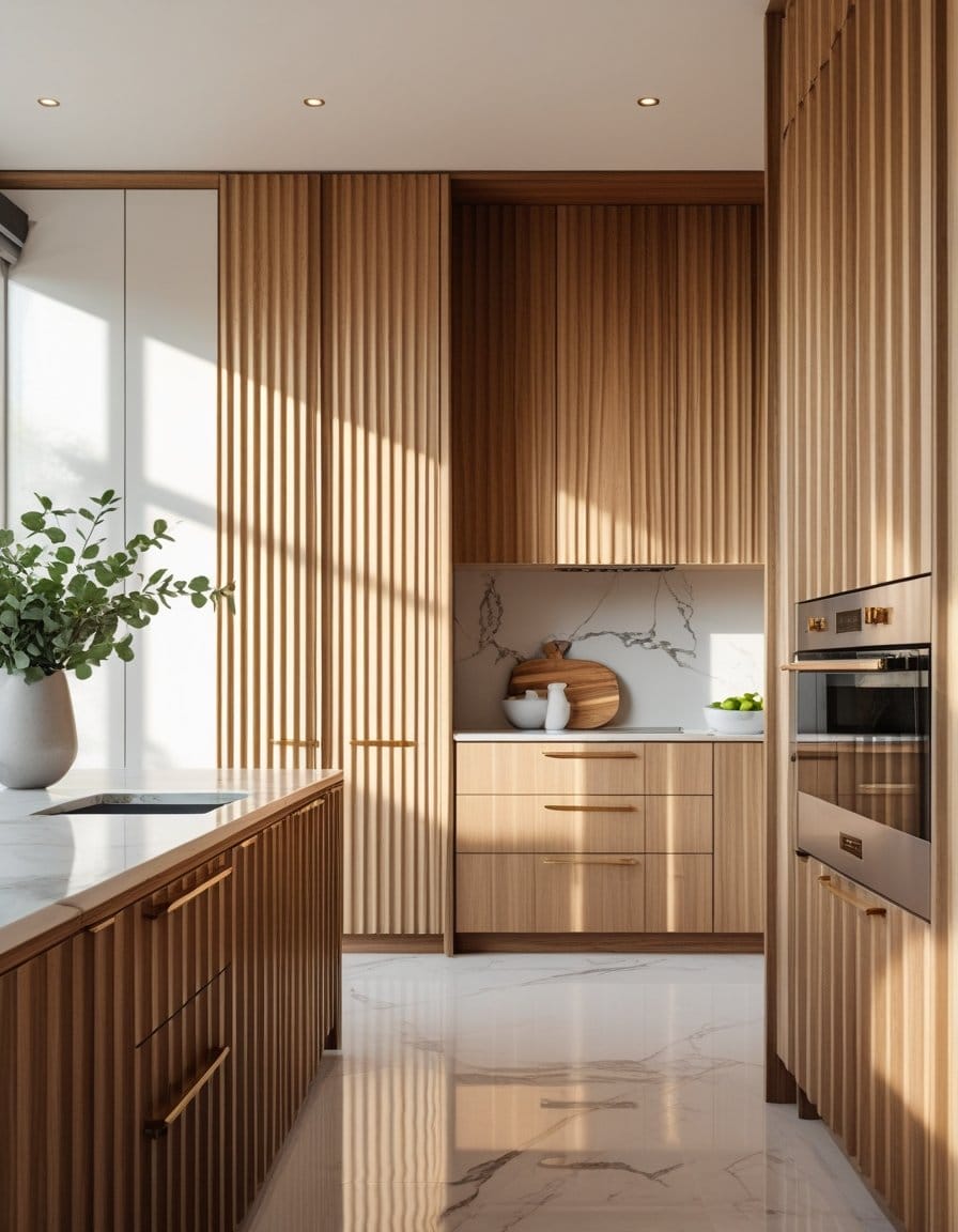 Modern kitchen with vertical wooden paneling, built-in ovens, marble countertops, and a vase with green foliage placed on the island, illuminated by natural sunlight.