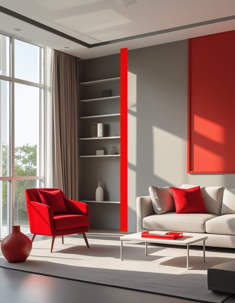 Modern living room with gray walls, red accents, a red armchair, a gray sofa with red pillows, a low coffee table, and built-in shelves by a large window.