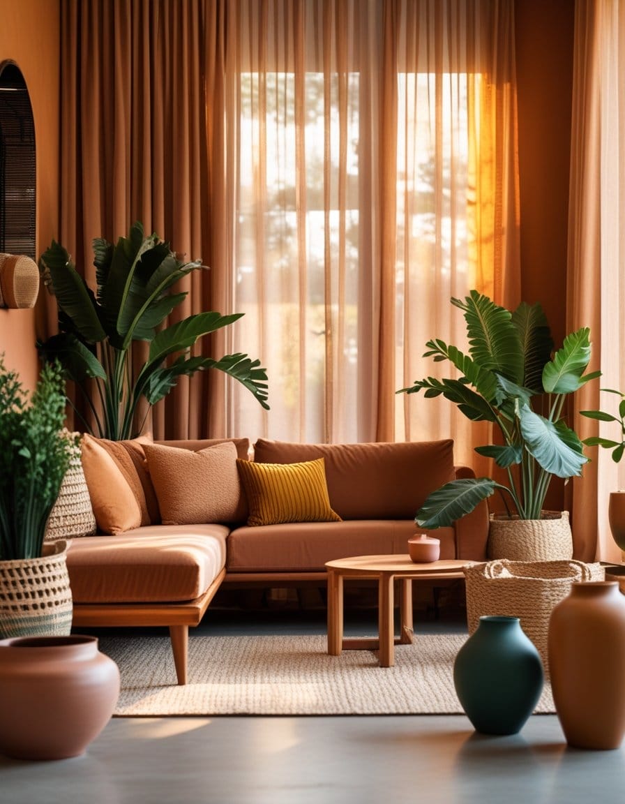 A modern living room with a brown sofa, wooden coffee table, large potted plants, neutral rug, sheer curtains, and decorative vases in earthy tones. Sunlight filters through the windows.