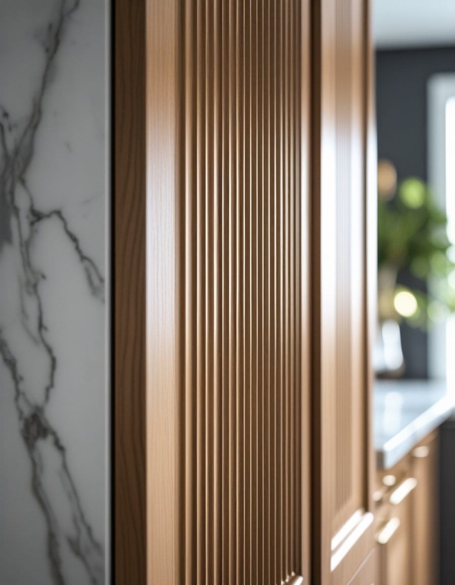 Close-up of vertical wooden paneling on cabinetry next to a section of white marble wall with gray veining in a modern interior.