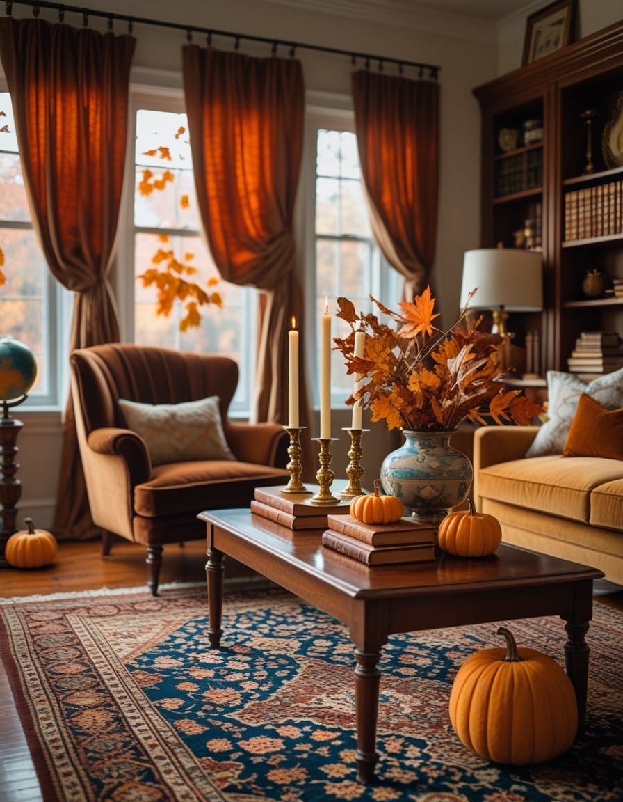 A cozy living room with autumn decor, featuring pumpkins, a vase with fall leaves, candles, books on a wooden table, an armchair, sofa, and large windows with orange curtains.