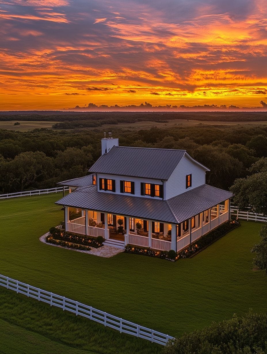 A white farmhouse with a wraparound porch sits on a green lawn, surrounded by a white fence, under a vibrant orange and yellow sunset sky.