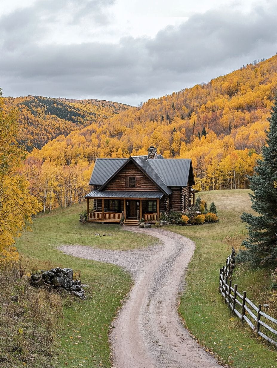 A wooden cabin with a metal roof sits at the end of a winding gravel path, surrounded by autumn trees with yellow foliage and hills under a cloudy sky.