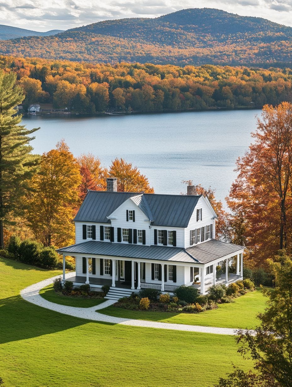 A white two-story house with a wraparound porch sits on a green lawn by a lake, surrounded by autumn trees and hills in the background.