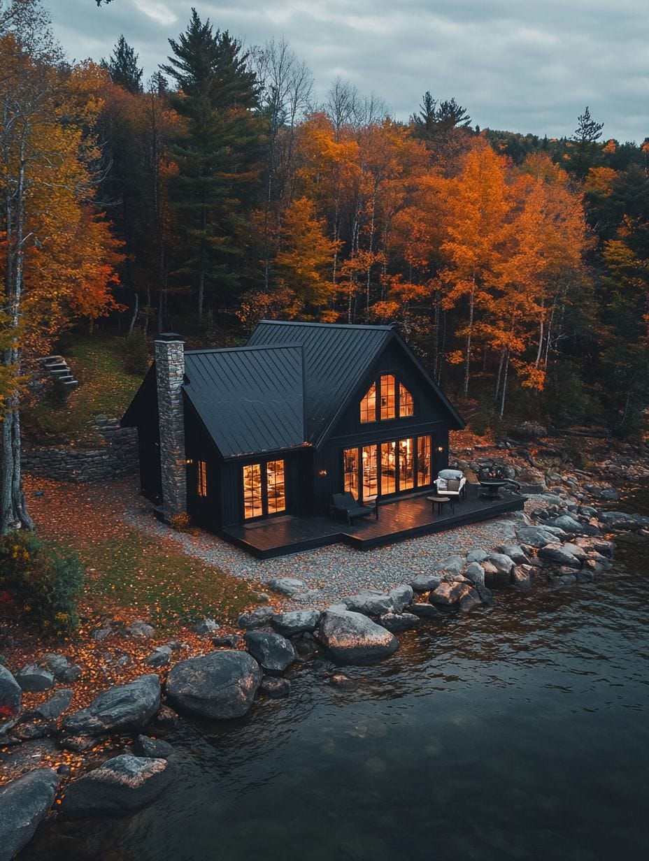A black cabin with large windows sits by a rocky lakeshore, surrounded by autumn trees with orange and red leaves under a cloudy sky.