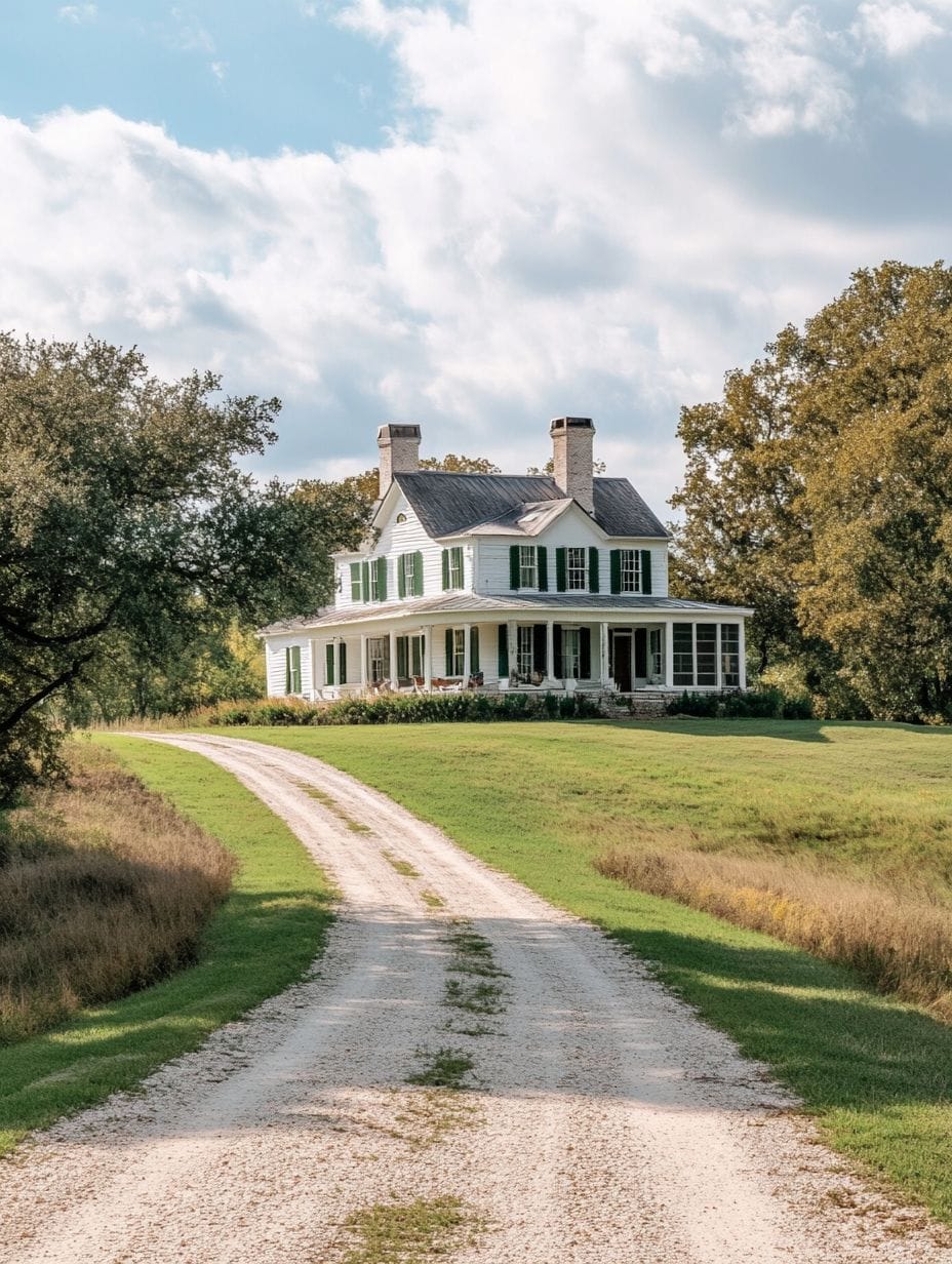A white two-story house with green shutters sits at the end of a curved gravel driveway, surrounded by green grass and trees under a partly cloudy sky.