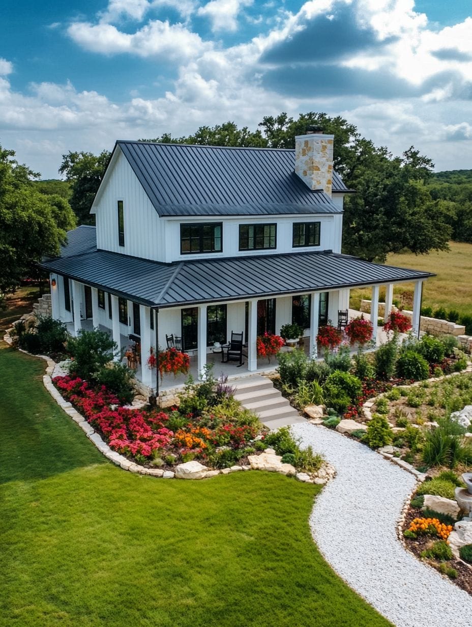 A white two-story farmhouse with a black metal roof, wraparound porch, and vibrant landscaped garden under a partly cloudy sky.