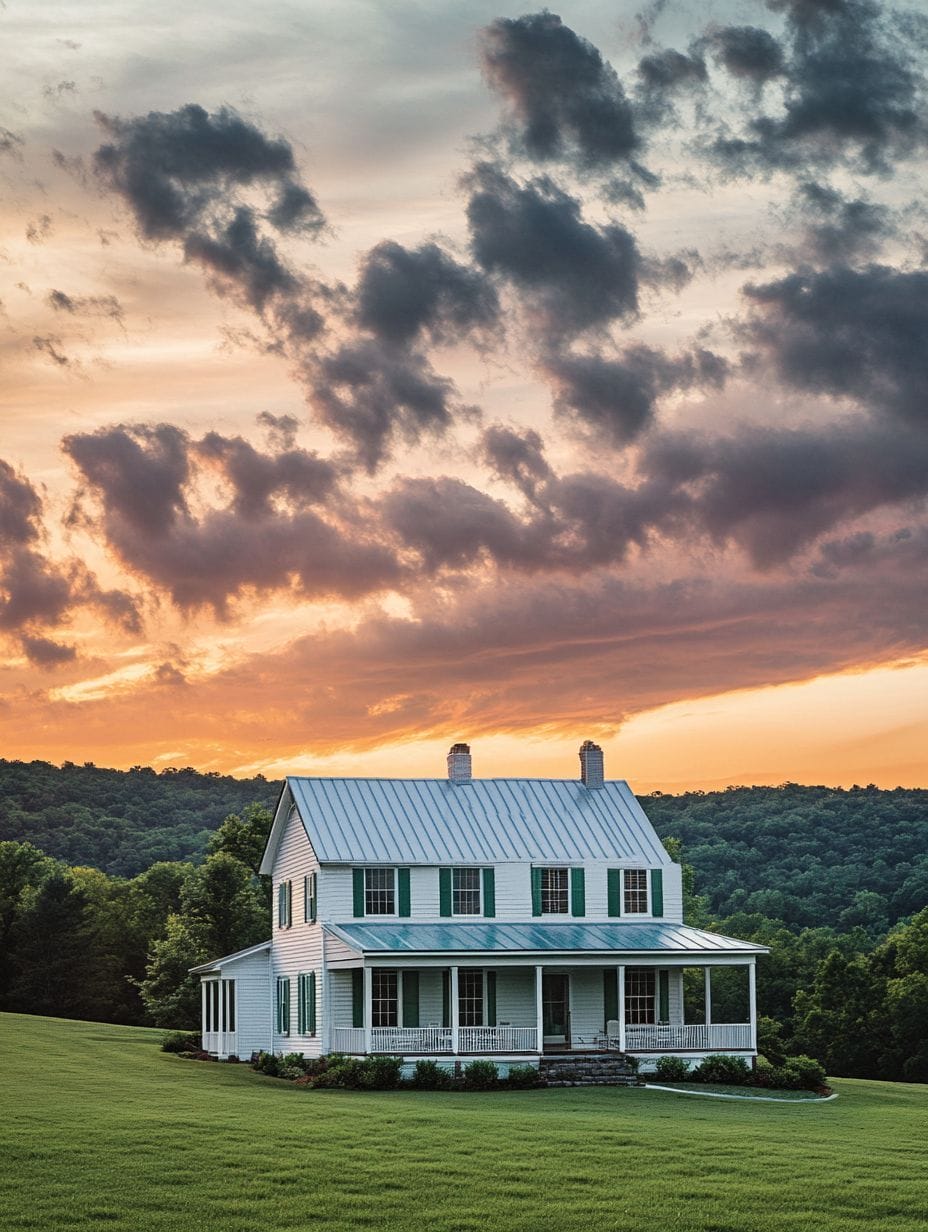 A white two-story farmhouse with a metal roof sits on a grassy lawn against a backdrop of trees and a dramatic sunset sky with clouds.