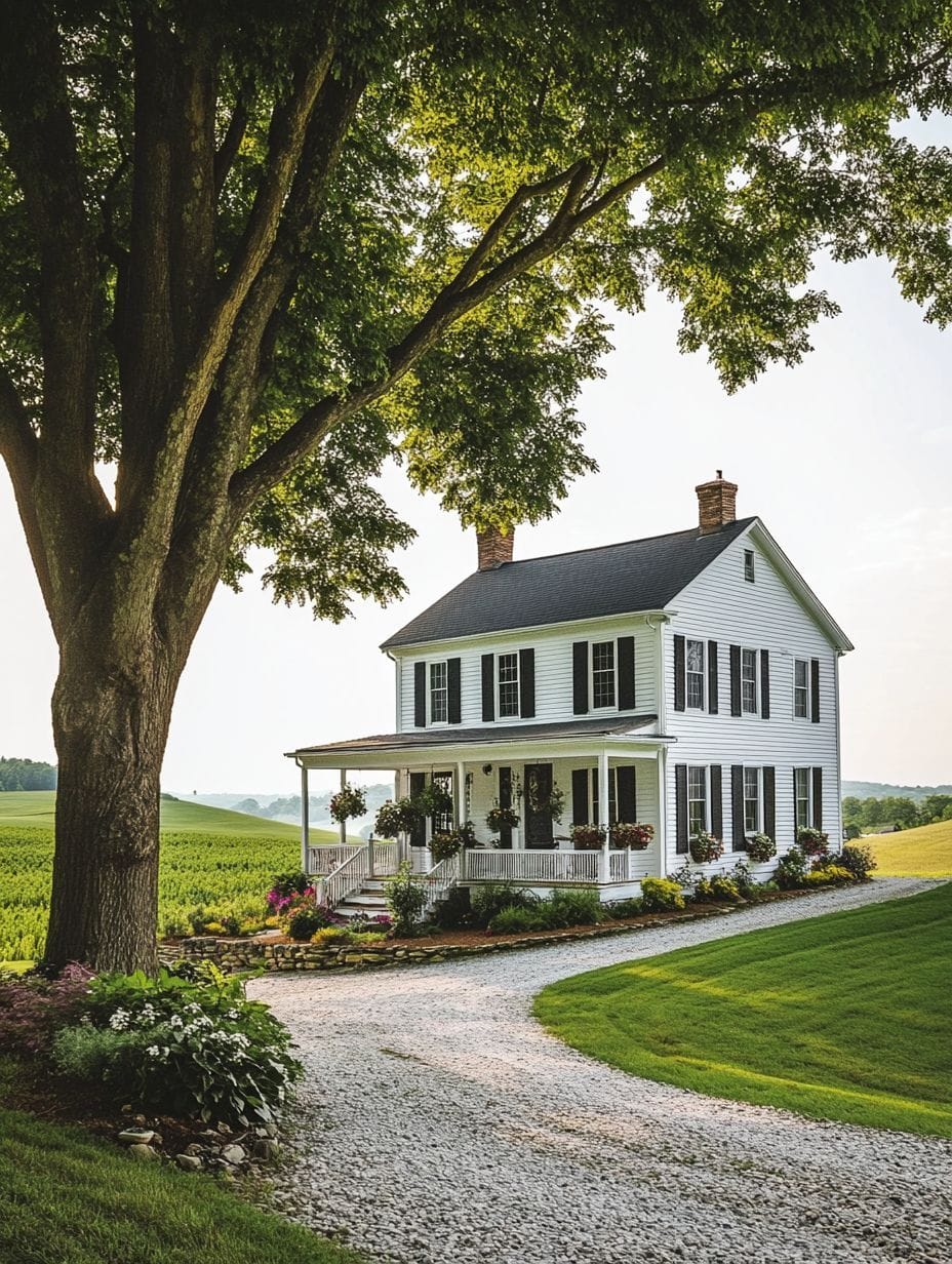 A white two-story farmhouse with black shutters and a front porch sits by a gravel driveway, surrounded by green lawns, fields, and a large tree.