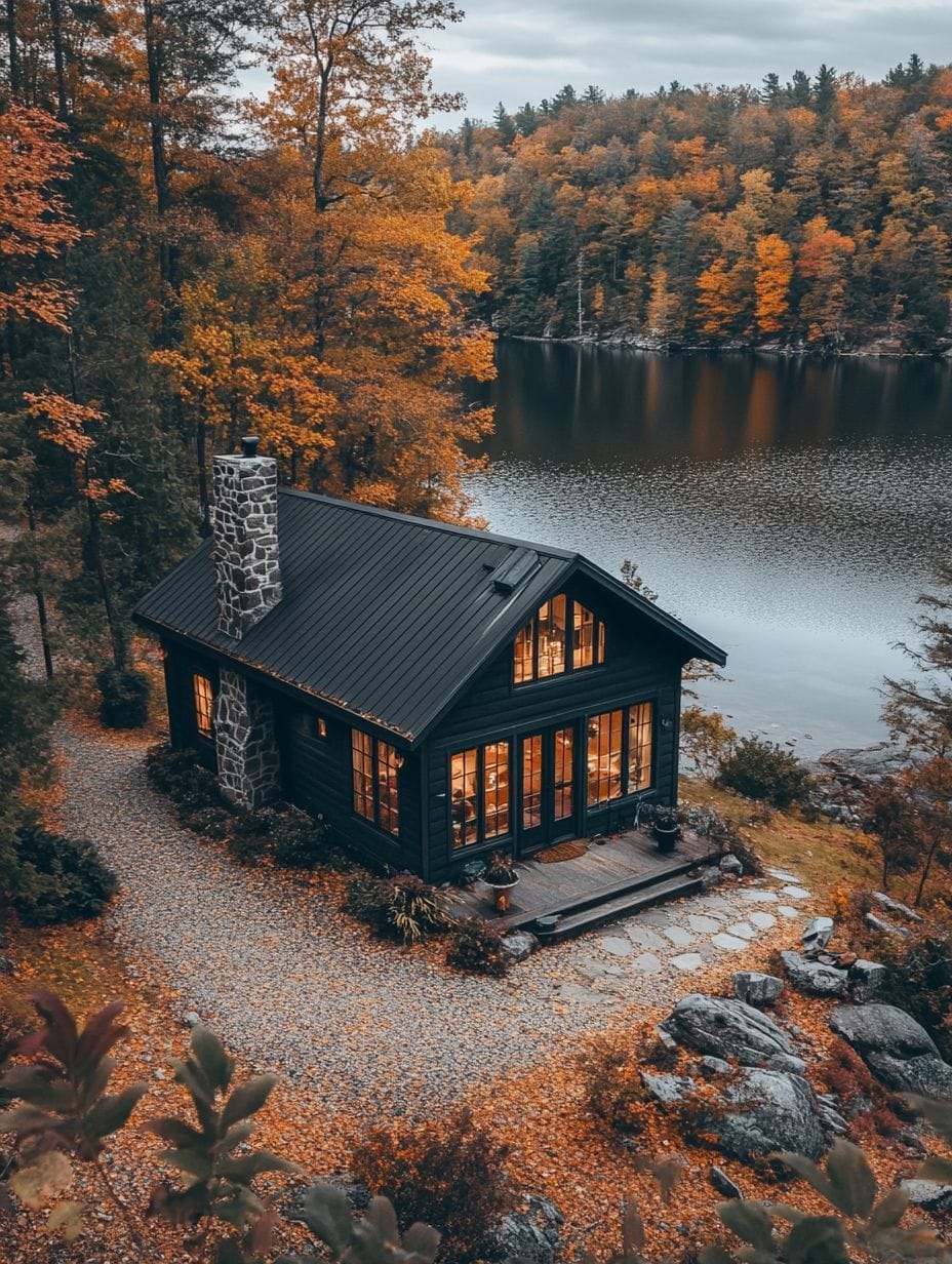 A black cabin with large windows and a stone chimney sits by a lake, surrounded by autumn trees with orange and yellow leaves.