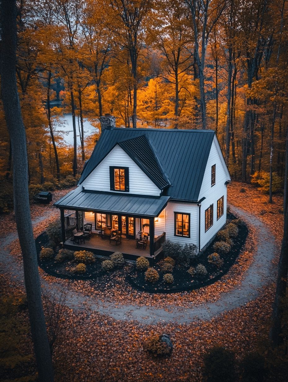 A two-story white house with a dark roof sits in the center of a circular driveway, surrounded by autumn trees with orange leaves.
