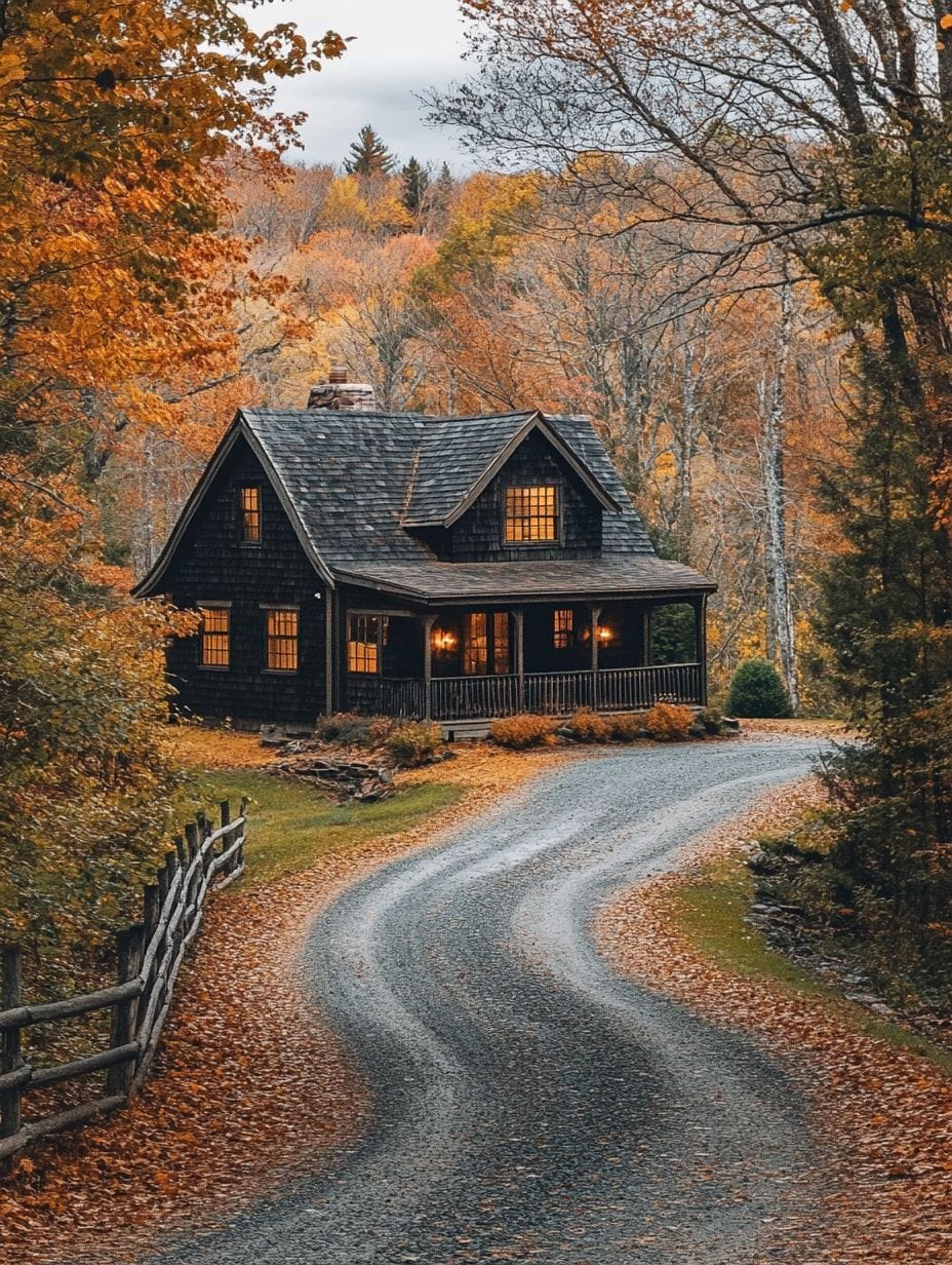 A small dark wooden house with lit windows sits at the end of a curved gravel driveway, surrounded by autumn trees with orange and yellow leaves.
