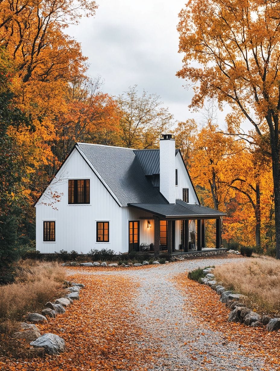 A white house with black trim sits among autumn trees, with orange leaves on the ground and a gravel driveway leading to the front porch.