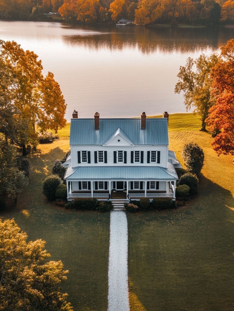 A white two-story house with a porch sits on a large green lawn, bordered by trees with autumn foliage, overlooking a calm lake.