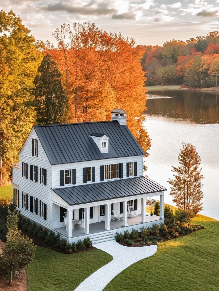 A two-story white house with a black metal roof and front porch sits by a lake, surrounded by autumn trees with orange foliage under a partly cloudy sky.