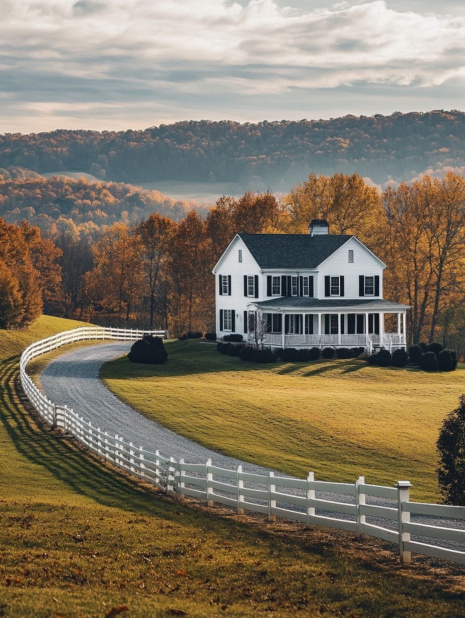 A white two-story house with a porch sits on a grassy hill, bordered by a white fence and winding driveway, surrounded by autumn trees under a cloudy sky.