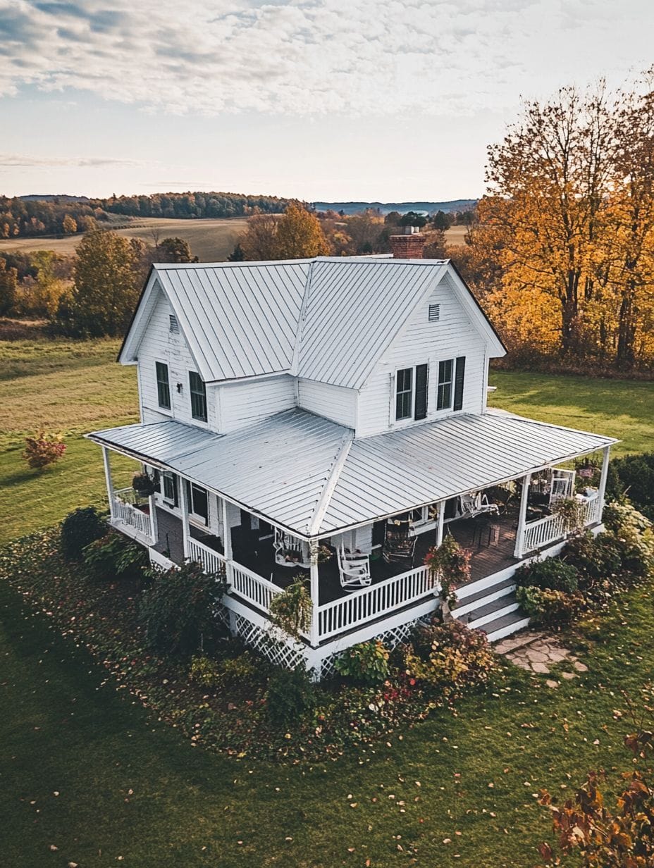 White two-story farmhouse with a wraparound porch, surrounded by autumn trees and open fields under a partly cloudy sky.