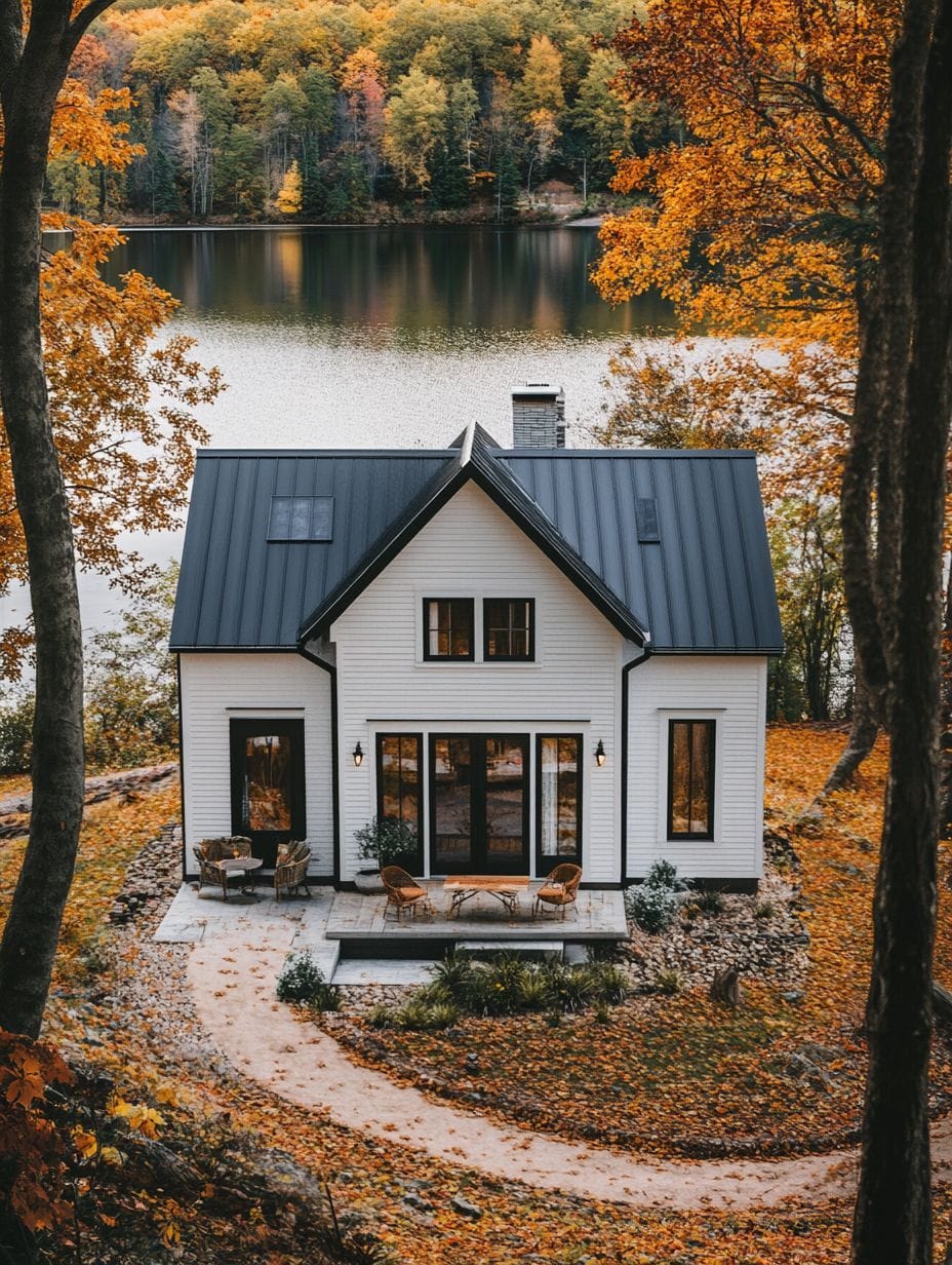 A white two-story house with a black roof sits surrounded by autumn trees, facing a lake with a forested shoreline in the background.