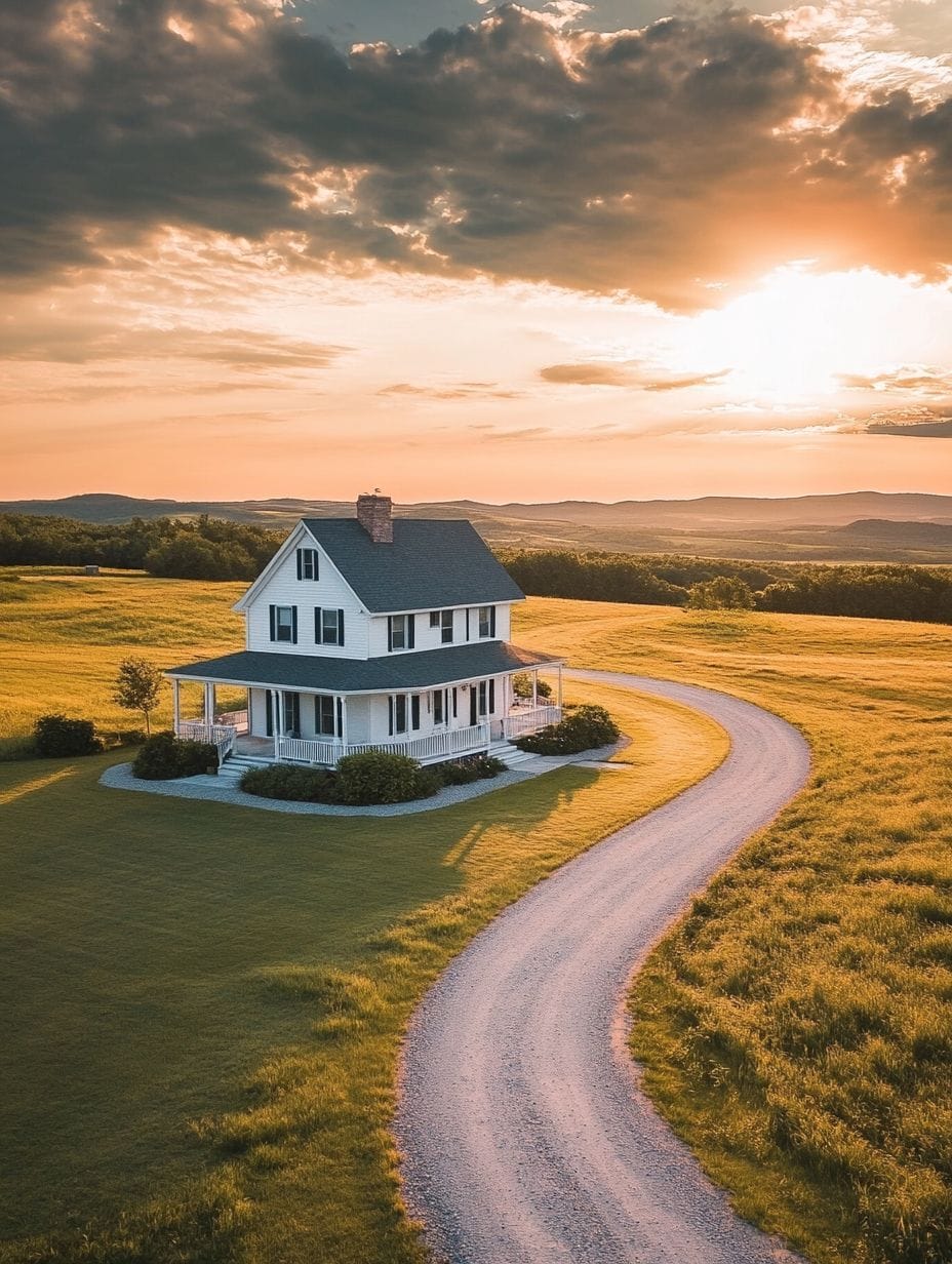 White two-story house with a wraparound porch sits in a large grassy field, with a curved gravel driveway, under a partly cloudy sunset sky.