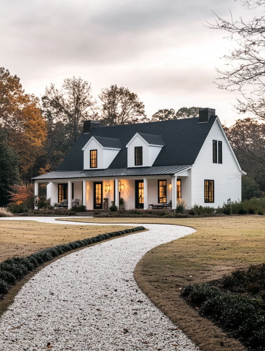 A white two-story house with a covered front porch and black roof, surrounded by grass and trees, with a curved gravel walkway leading to the entrance.
