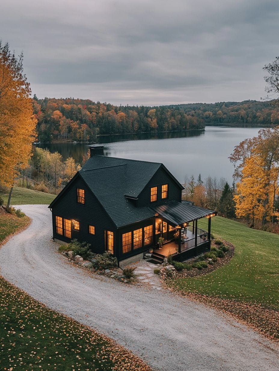 A black cottage with lit windows sits by a lake, surrounded by autumn trees, with a gravel driveway curving in front under a cloudy sky.