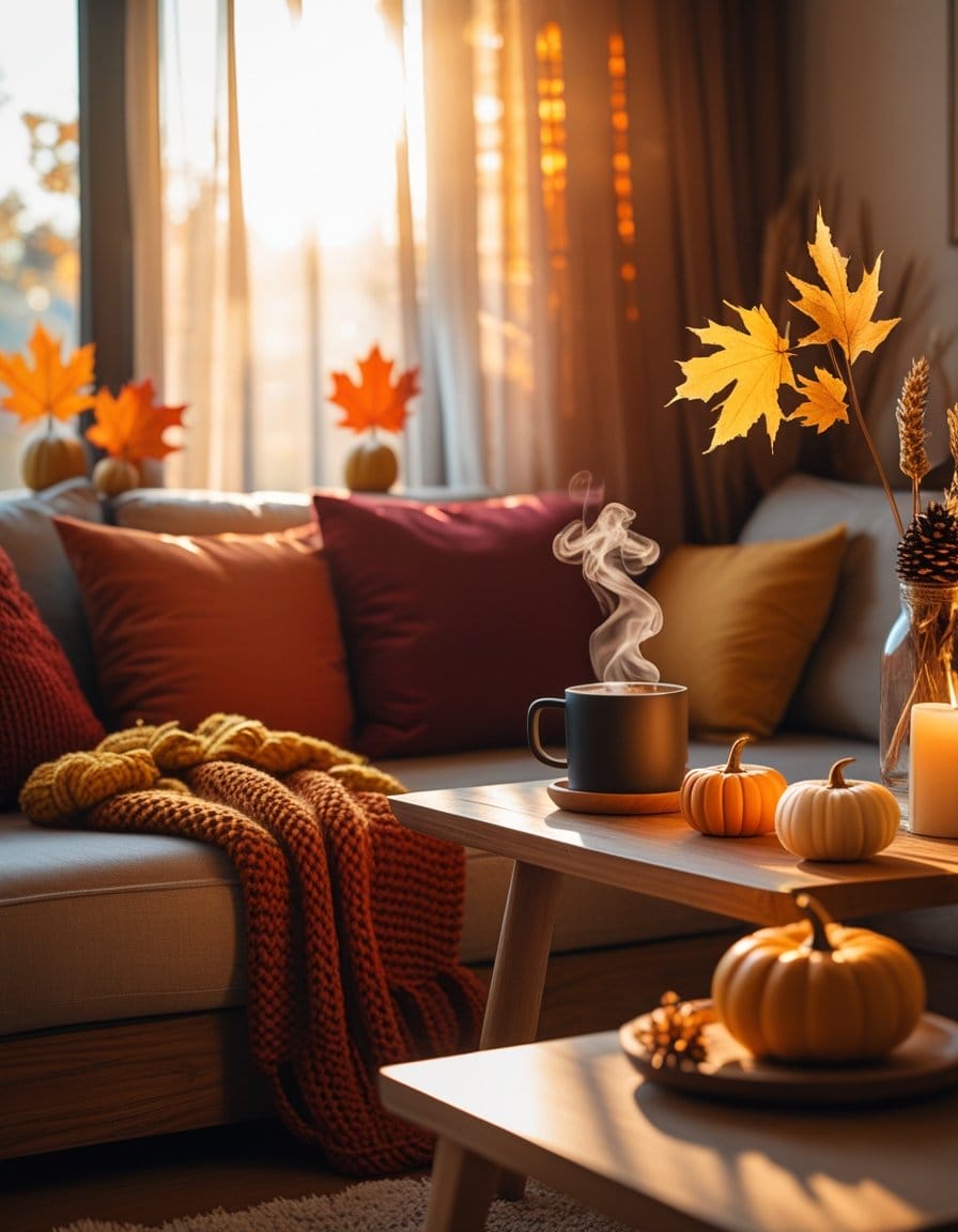 A cozy living room with autumn decor, including pumpkins, orange leaves, a knit blanket, and a steaming mug on a wooden coffee table, bathed in warm sunlight.