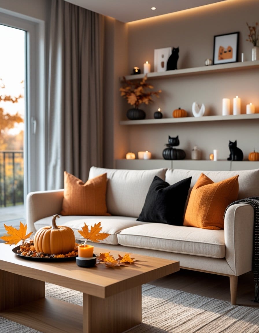 A modern living room decorated for autumn with pumpkins, candles, orange and black pillows, and black cat figurines on shelves.