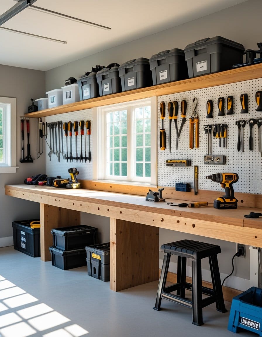 A well-organized garage workshop with a wooden workbench, pegboard holding various tools, labeled storage bins, and a stool near large windows.