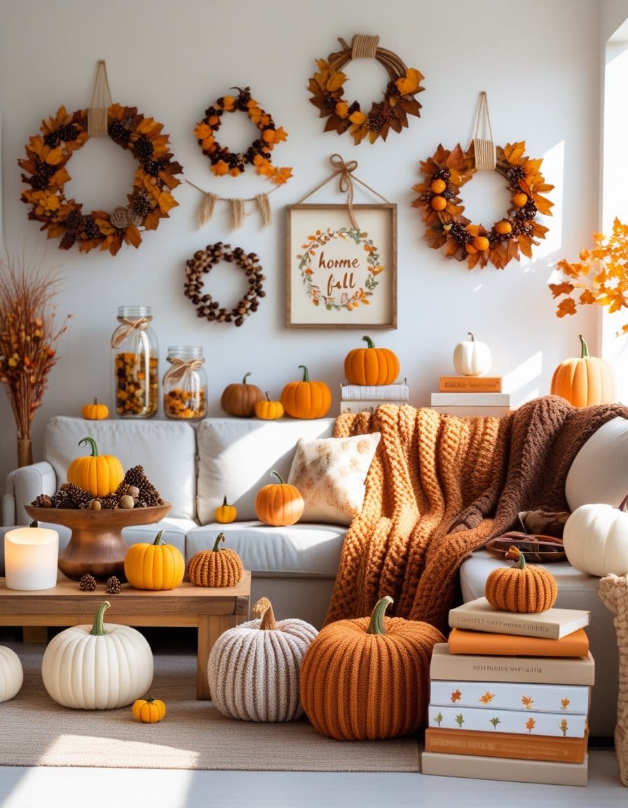 A living room decorated for fall with wreaths, pumpkins, knit blankets, stacked books, and autumn-themed wall art in warm orange and brown tones.