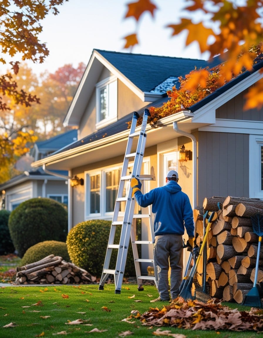 A person stands on a lawn beside a ladder, preparing to clean leaves from the roof gutter of a suburban house in autumn. Stacks of firewood are nearby.