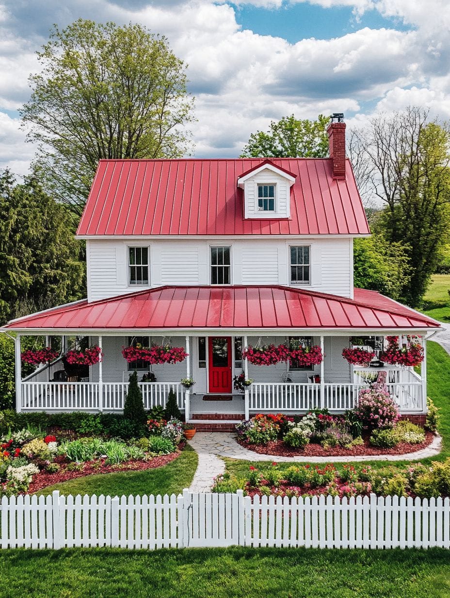 A white two-story house with a red metal roof, wraparound porch, hanging flower baskets, white picket fence, and landscaped garden in front, set against a backdrop of trees and blue sky.