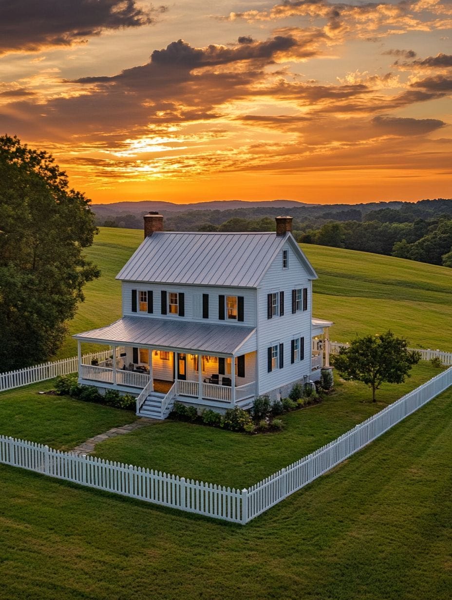 Two-story white farmhouse with a wraparound porch and white picket fence, surrounded by green grass, at sunset under a partly cloudy sky.