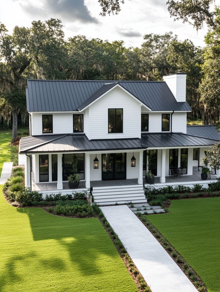 Two-story white house with black metal roof, large front porch, and steps leading to a straight walkway, surrounded by well-maintained grass and trees in the background.