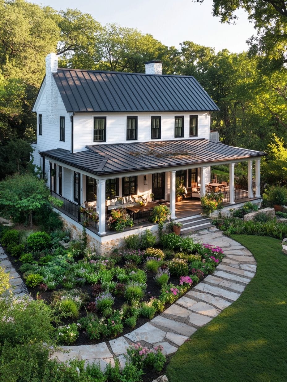 A two-story white house with a metal roof, wraparound porch, and a landscaped garden with stone pathways and vibrant flowers.