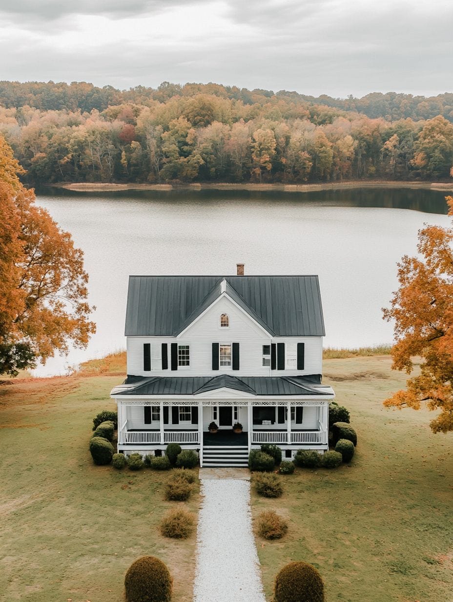 A two-story white house with a black roof sits in front of a lake, surrounded by autumn trees and a neatly manicured lawn with a gravel path leading to the porch.