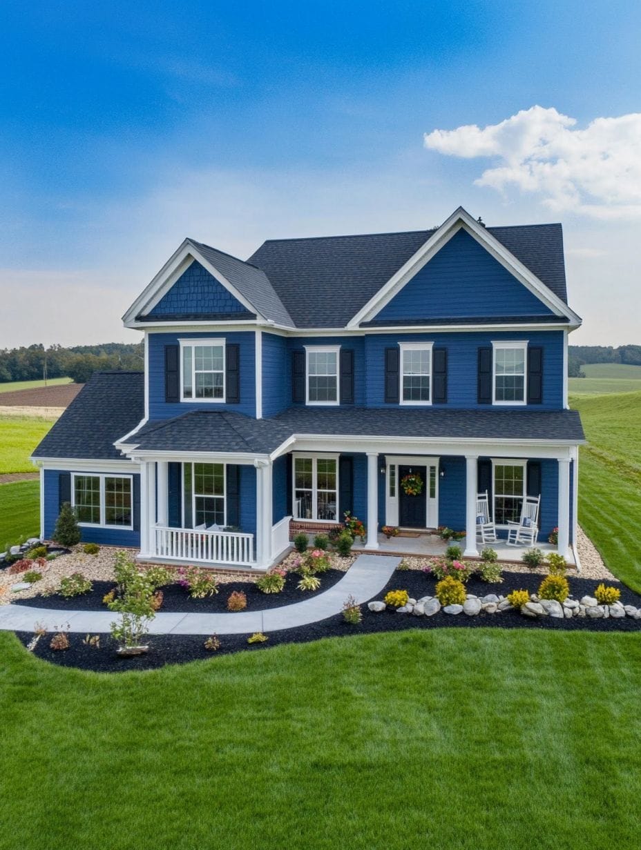 A two-story blue house with white trim, a covered front porch, and a well-maintained lawn with landscaping, set against a backdrop of open fields and a blue sky.