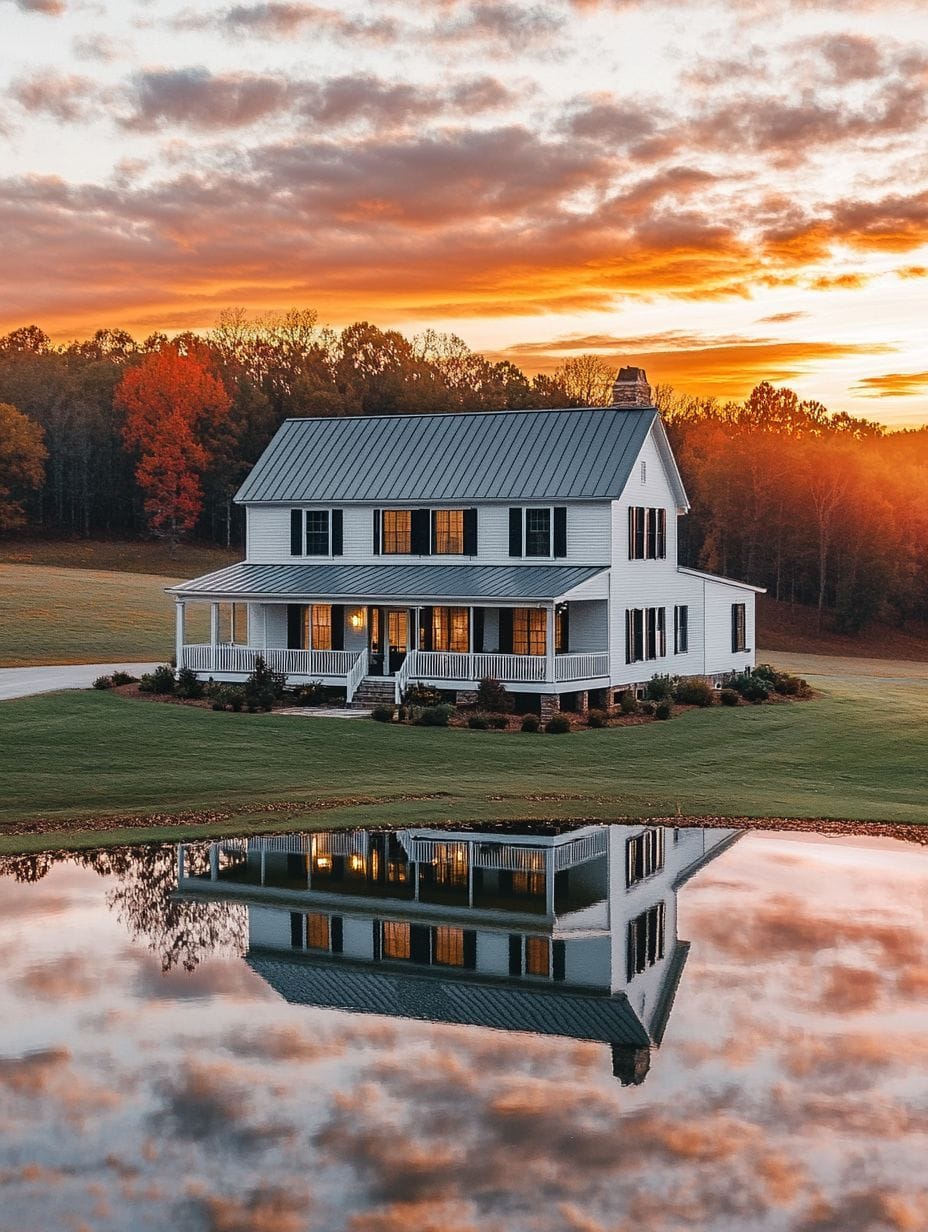 A white two-story house with a wraparound porch is reflected in a nearby pond at sunset with autumn trees in the background.