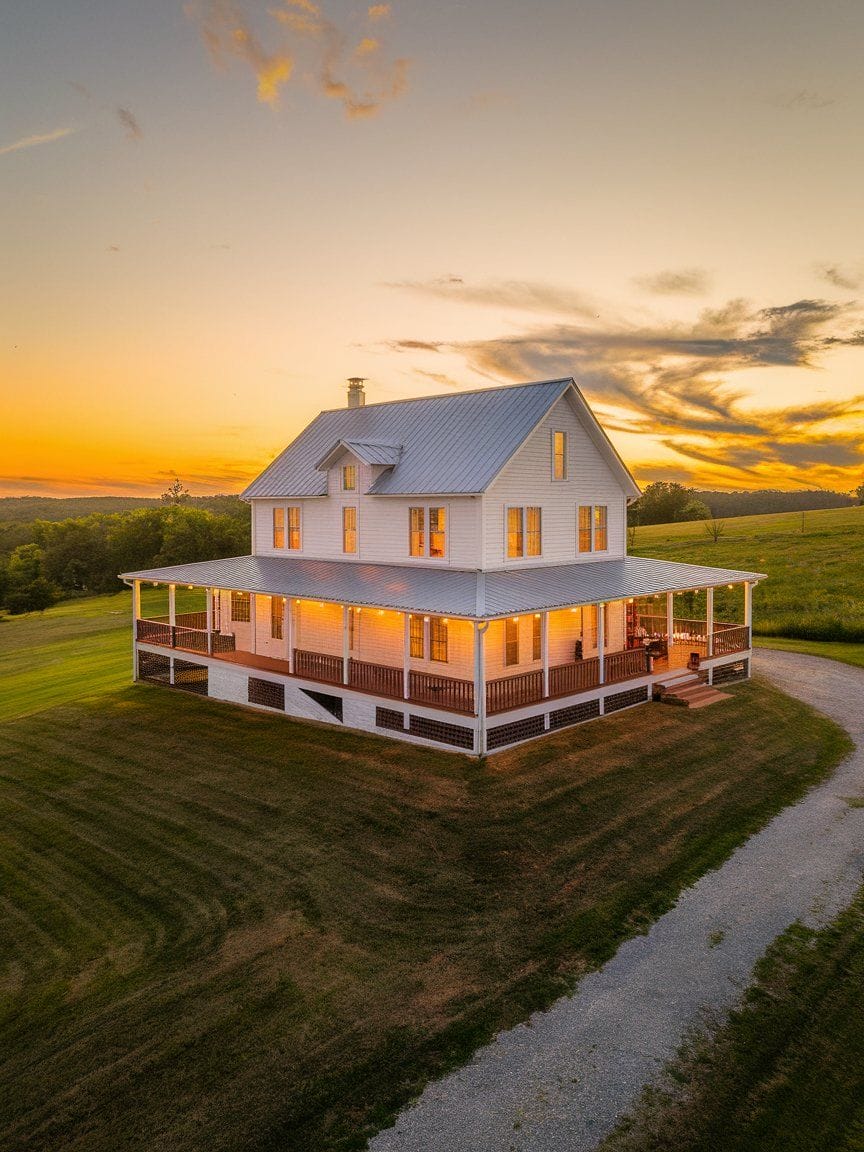 White two-story farmhouse with a large wraparound porch, lit from inside, sits on a grassy lawn at sunset with a gravel driveway and open fields in the background.