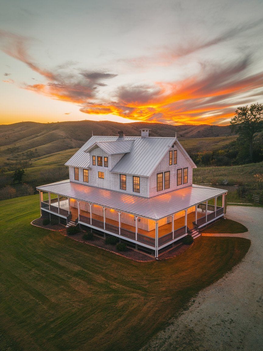 A white farmhouse with a wraparound porch sits on a grassy hill at sunset, with hills and dramatic clouds in the background.