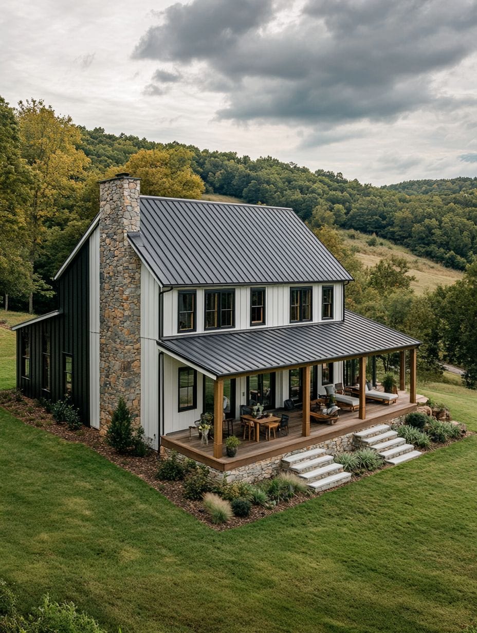 A modern farmhouse with a metal roof, stone chimney, and covered wraparound porch sits on a grassy lawn surrounded by trees and hills under a cloudy sky.