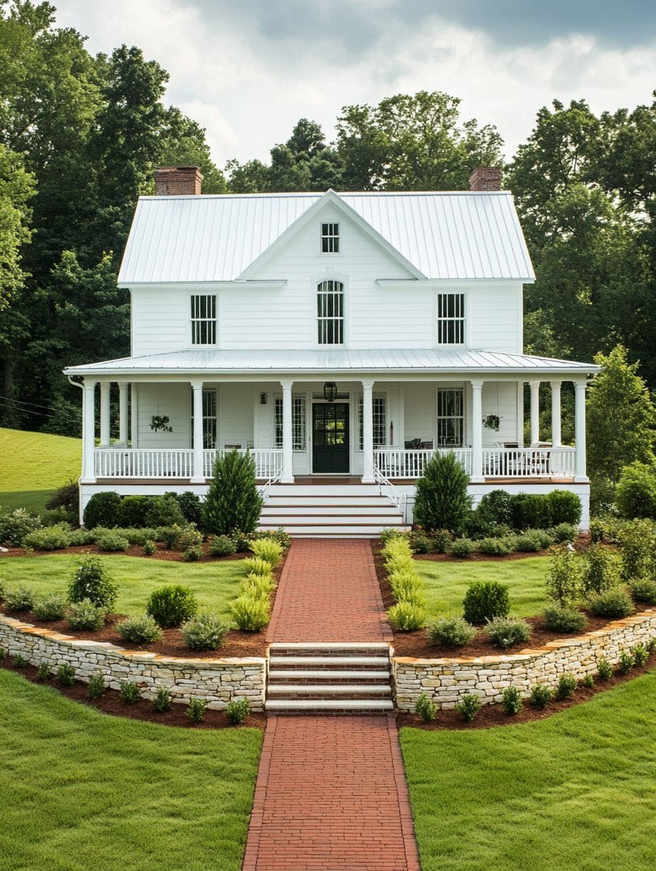 A white two-story house with a metal roof and wraparound porch, set amid landscaped gardens, with a brick walkway and stone retaining wall leading to the front steps.