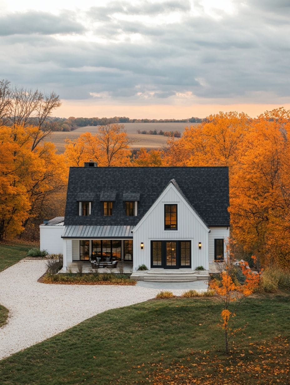 A white two-story house with black roof sits among autumn trees with orange leaves, under a cloudy sky, with a gravel driveway in front.