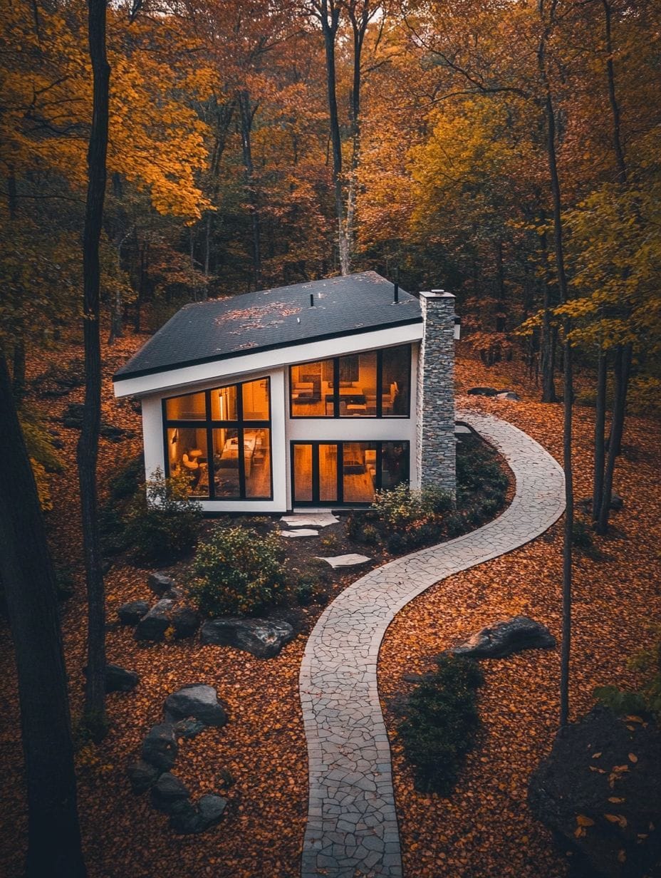 A modern house with large windows sits among autumn trees, with a curved stone path leading to the entrance and fallen leaves covering the ground.