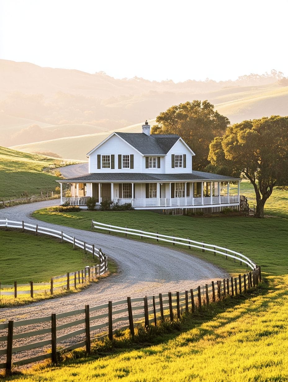 A white farmhouse with a wraparound porch sits beside a curved gravel driveway, surrounded by green fields and wooden fences, under soft sunlight.