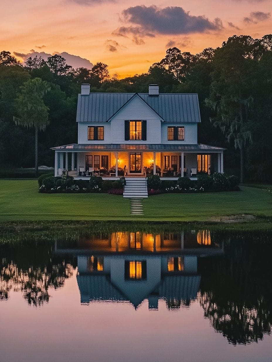 A two-story house with a wraparound porch and lit windows sits by a pond, reflecting in the water at sunset, surrounded by trees and a manicured lawn.