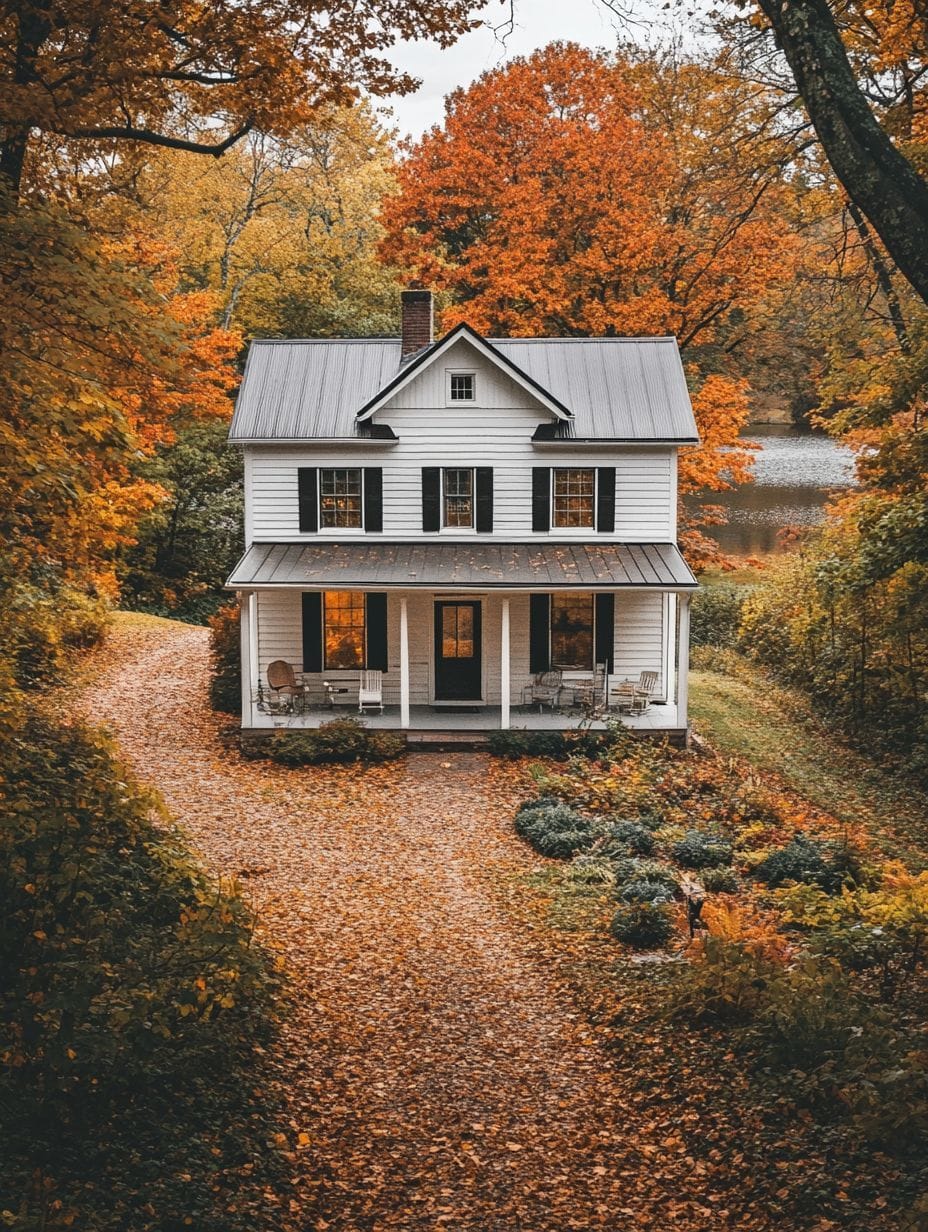 A white two-story house with a front porch sits among trees with orange autumn foliage, surrounded by fallen leaves and a curved gravel driveway.