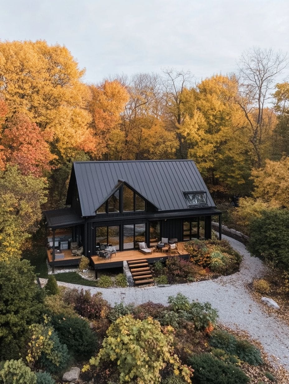 A modern black house with large windows and a metal roof is surrounded by autumn trees with colorful foliage and a gravel driveway.